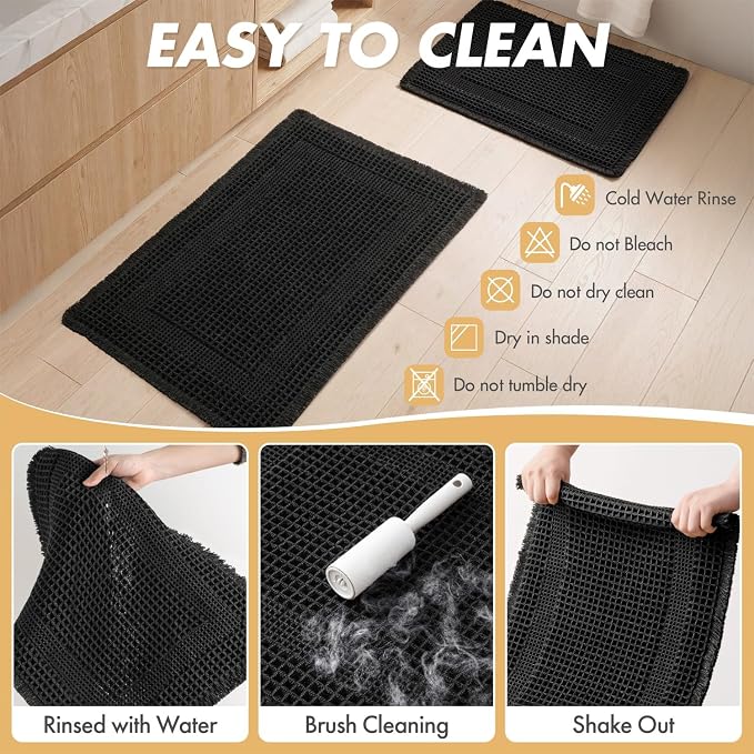 MIULEE Set of 2 Waffle Bathroom Rugs Black Boho Bath Mat 17x24+18x30 in | Looped Design, Super Absorbent, Non Slip, Washable, Ultra Soft, Rubber Backed, Bathroom Mats for Floor Tub Shower