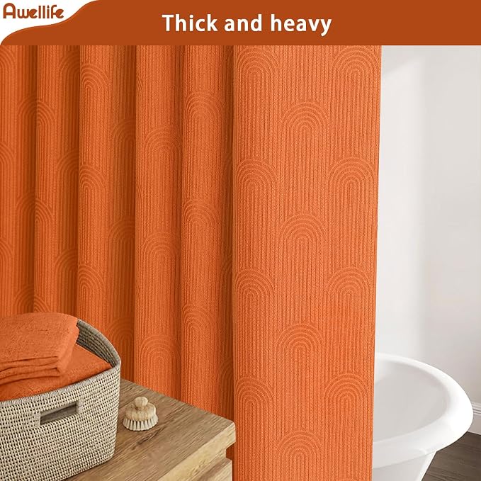 Orange Boho Cotton Shower Curtain Arch,72" W x 78" L | Minimalist Shower Curtain for Bathroom