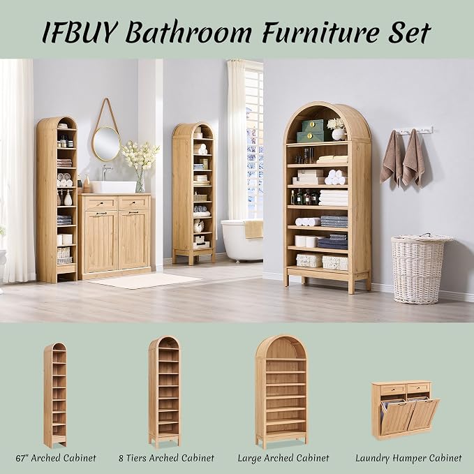 IFBUY Double Tilt Out Laundry Hamper Cabinet, Trash Cabinet, Natural | 20 Gallon Farmhouse Trash Cabinet w/Drawers, Hidden Wood Garbage Can Cabinets w/Laundry Storage Basket for Bathroom, Kitchen