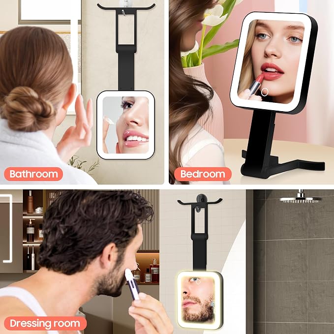 Magnifying Travel Mirror with Light, 30X/1X Double-Sided Magnifying Mirror with 3 Color Lights, Brightness Adjustable, Foldable Handheld Makeup Mirrors Portable for Travel and Desktop, Black