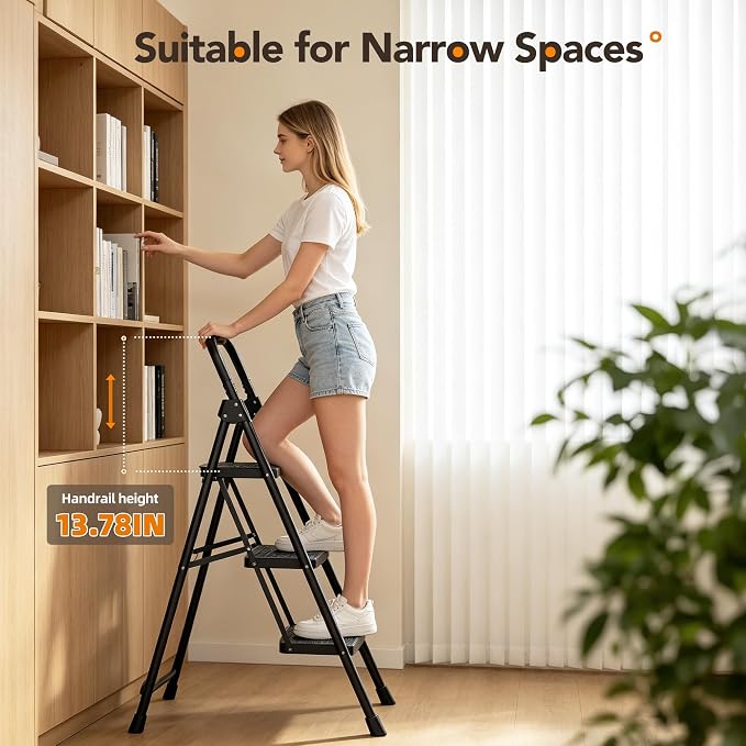 HBTower 3 Step Ladder, Heavy Duty Step Stools for Adults | Step Stool Foldable with Anti-Slip Pedal and Feet, Ladders for Home Kitchen Garage Outdoor, 330 Lbs, Black