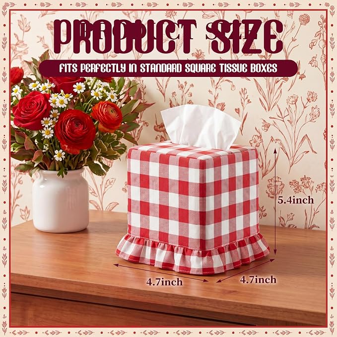 Red Gingham Tissue Box with Ruffled Cover Cottagecore Handmade Decorative Gingham Napkin Holder for Home Bedroom Living Room Bathroom Vanity Countertop Car Office Kitchen