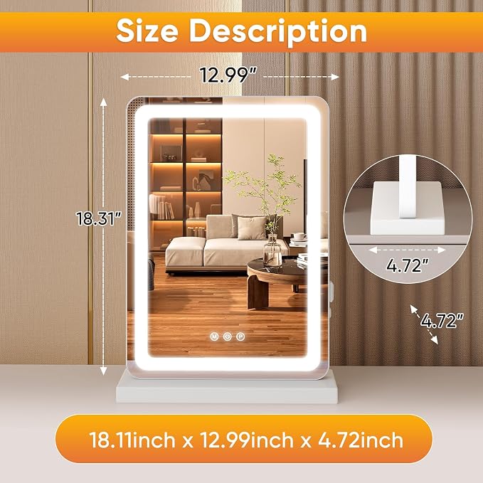 Sweetcrispy 18"x13" LED Vanity Mirror with Lights, Dimmable 3 Color Modes Makeup Mirror with Memory Function, USB Charging, Aluminum Frame, Lighted Mirrors for Desk, Bedroom, Living Room