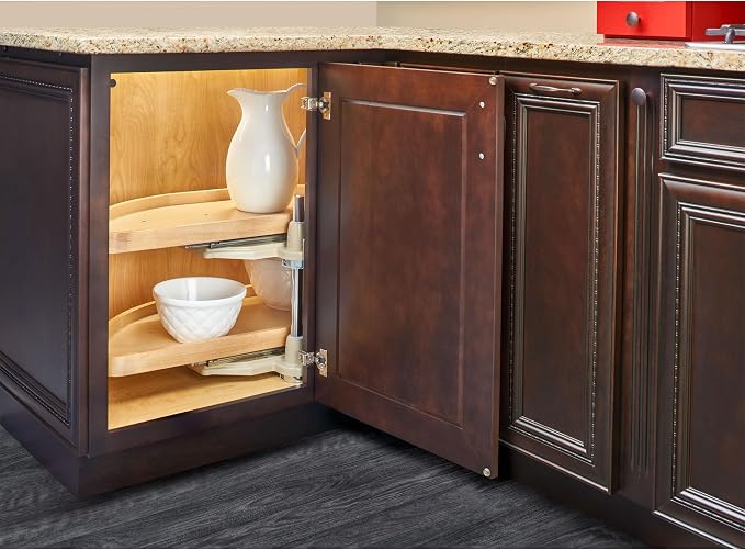 Rev-A-Shelf 35" Dual Shelf Half Moon Lazy Susan Organizer for Diagonal Blind Corner Kitchen Cabinets, Pullout Turntable Trays, Wood, 4WLS882-35-570