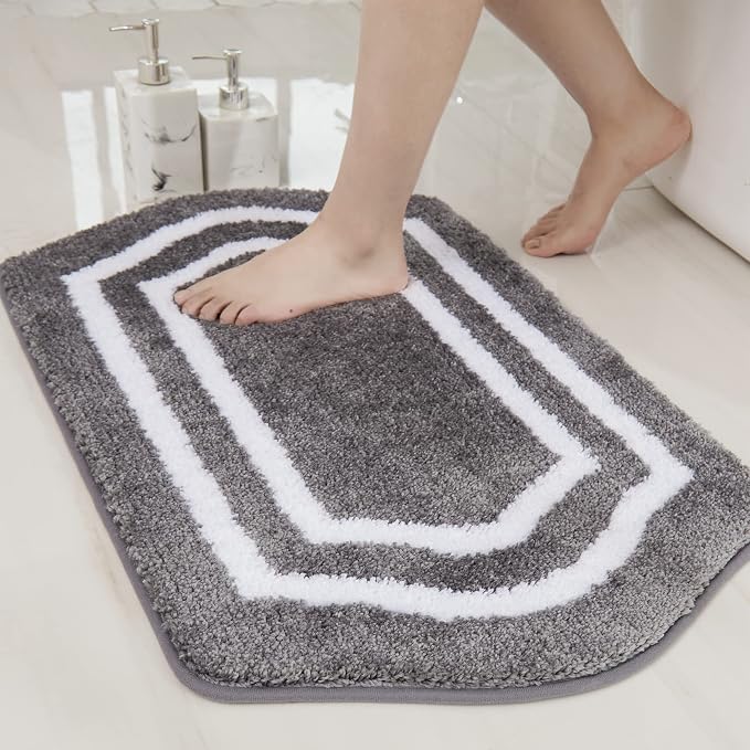 COSY HOMEER Non-Slip Bath Mat Extra Thick Absorbent Plush Washable | 24"x48" White/Grey Non-Slip Extra Thick Plush Absorbent Machine Washable Bath Mat Bathroom Rug Floor Tub Shower