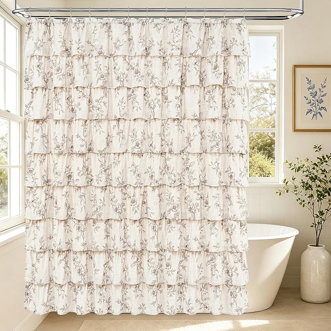 Yinhua Extra Long Farmhouse Ruffle Shower Curtain for Bathroom, 72" Wx84 L | Brown Floral Print, Ruflle Design, 12 Metal Hooks, Vintage Rustic Washable Waterproof Shower Curtain for Bathroom Bathtub