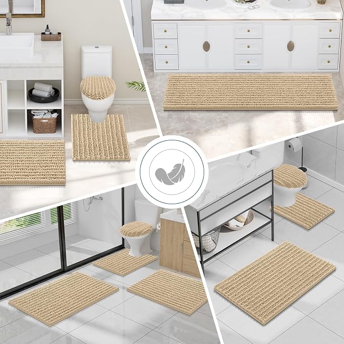 Smiry Bathroom Toilet Rugs U Shaped 24x24, Chenille Bath mats for Toilet | Beige Extra Soft Absorbent Non Slip Rubber Backing Contour Bath Rugs for Toilet, Machine Washable Contoured Bath Mats