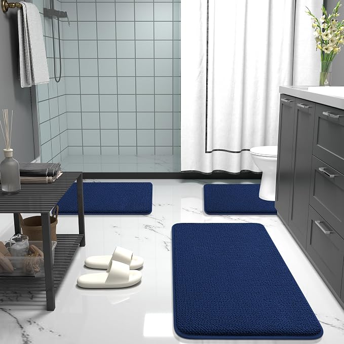 OLANLY Thick Memory Foam Bathroom Rugs 35x24, Soft Absorbent Bath Mat, Navy | Quick Dry Bath Rugs, Non-Slip Carpet, Machine Washable Mats for Bathroom Floor, Tub and Shower, Home Decor Accessories
