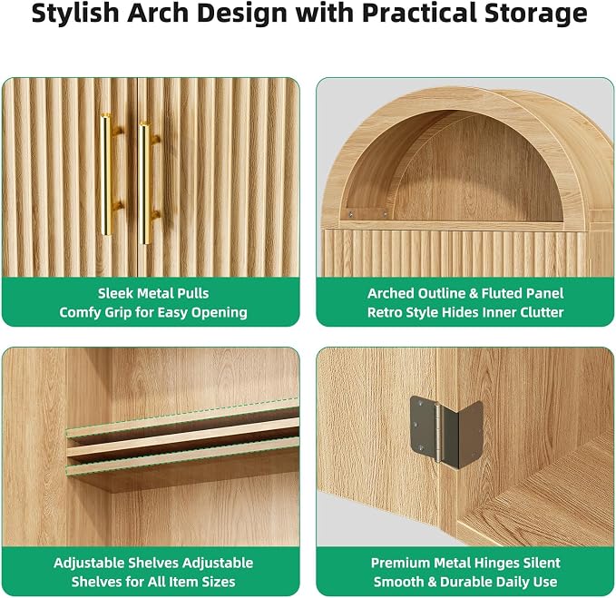 Kalrin Arched Wall Cabinet, Large Wood Bathroom Cabinet Wall Mounted Cupboard, Modern Floating Storage Cabinet with Door Adjustable Shelf, Wood Organizer Light Oak