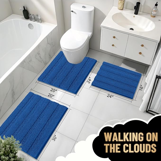 OLANLY Thick Bathroom Rugs 30x20, Soft Chenille Bath Rugs, Deep Navy Blue | Rubber Backing, Machine Wash, Extra Absorbent Striped Bath Mats for Bathroom Floor, Tub and Shower, Home Decor Accessories