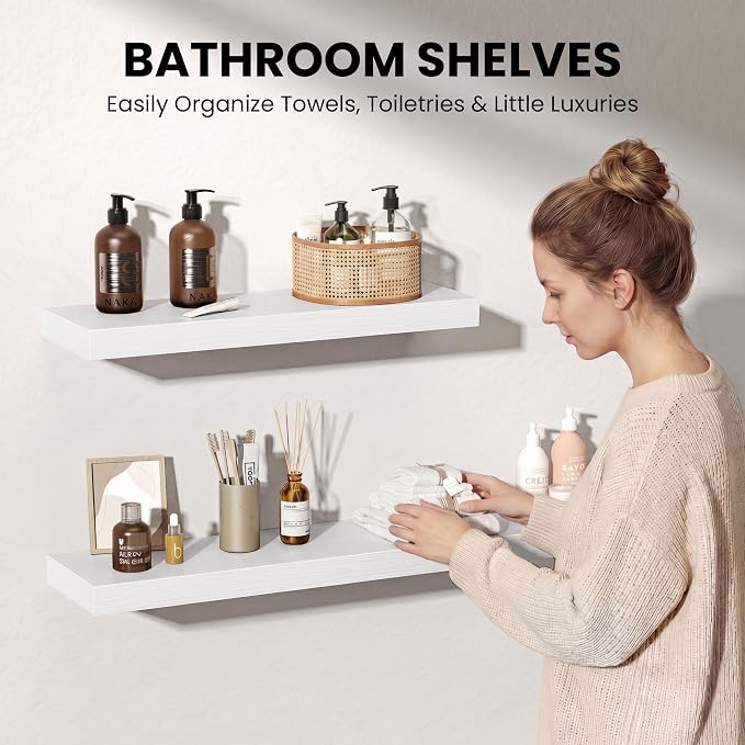Fun Memories White Floating Shelves for Wall Set of 2, 28" White Floating Shelves for Home Decor, Rustic Wood Wall Mounted Shelf, Hanging Deep Shelf for Living Room, Bedroom, Bathroom, Kitchen