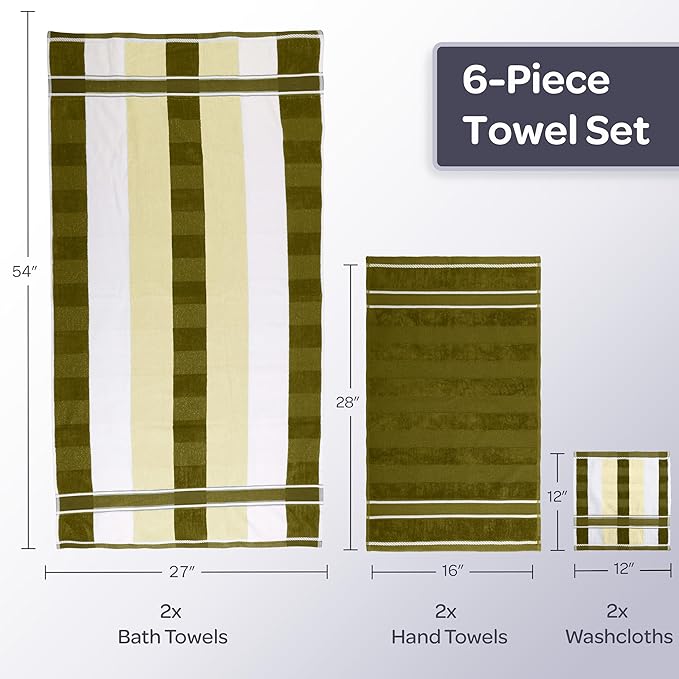 Lavish Home Bathroom Towels Set, Bathroom Accessories, Green, Set of 6 | Includes 2 Bath Sheets, 2 Hand Towels, and 2 Wash Cloths, Soft 525 GSM 100% Cotton Set for Shower, Gym, Dorm, and Spa