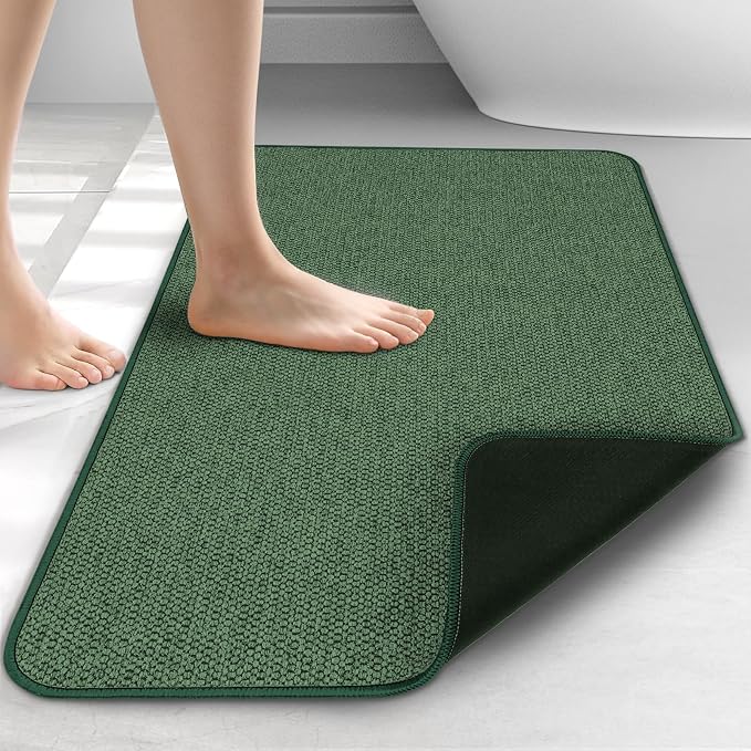 HOMTEB Bath Mat 17x27Inch, Thin Bath Mats Rugs with Rubber Backing Non-Slip, Absorbent,Quick Dry Machine Washable, Home Decor Accessories Cozy Cloth Bathroom Rugs fit Under Door/Sink/Tub-Green