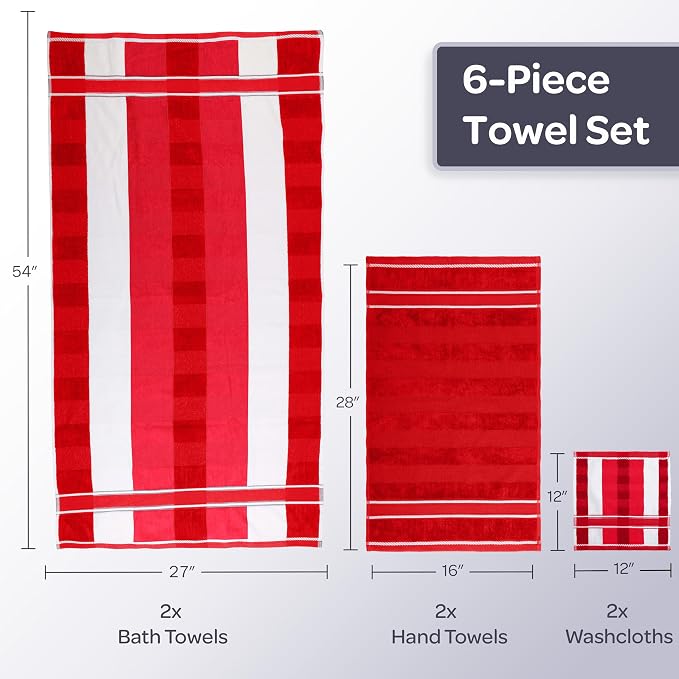 6 Piece Towel Set - 525 GSM 100% Cotton Bathroom Accessories - 2 Bath Towels, 2 Hand Towels, and 2 Wash Cloths - Soft and Absorbent Bath Sheets for Shower, Gym, Dorm, and Spa by Lavish Home (Red)