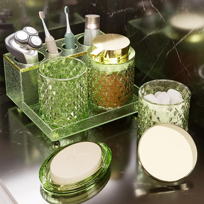 Glass Bathroom Accessories Set 5Pcs Crystal Green - Foaming Soap Dispenser, Soap Dish, Cup, Acrylic Toothbrush Holder with Tray Organizer, Cotton Swab Jar, Bathroom Counter Set Sink Decor