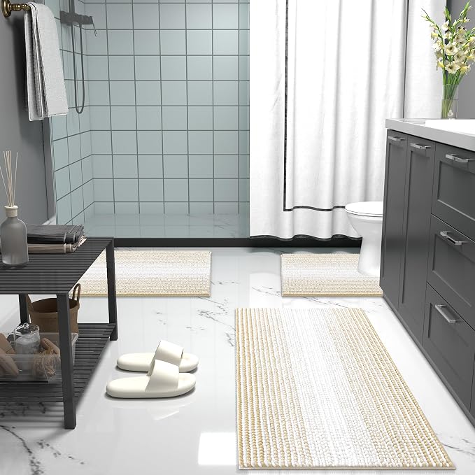 OLANLY Bathroom Runner Rugs 47x20, Soft Chenille Striped Bath Rugs, Beige | Extra Absorbent, Rubber Backing, Machine Wash Dry, Bath Mats for Bathroom Floor, Tub and Shower, Home Decor Accessories