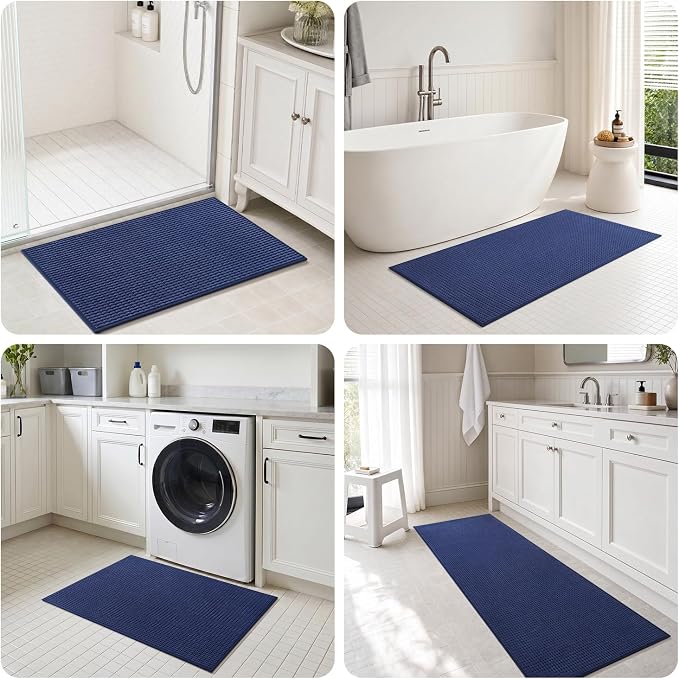 tchdio Bath Mat, Absorbent Bathroom Mat Quick Dry, Thin Bathroom Rugs Fit Under Door, Non Slip Washable Bath Rugs with Solid Rubber Backing, Low Profile Bath Mats for Bathroom, Blue, 24" x 36"