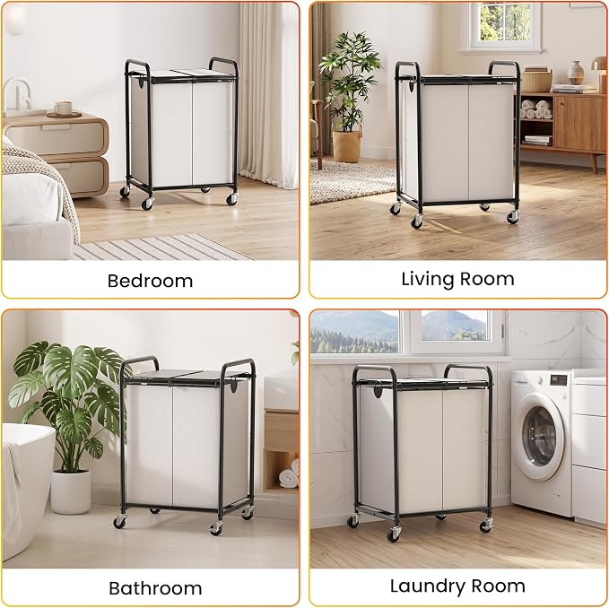 120L Laundry Sorter 2 Section, Rolling Laundry Basket with Wheels & Lid | 31.7 Gal Laundry Hamper, 2 Separated Removable Bags, Lockable Wheels, Dirty Clothes Hamper for Laundry Room, Bedroom, White
