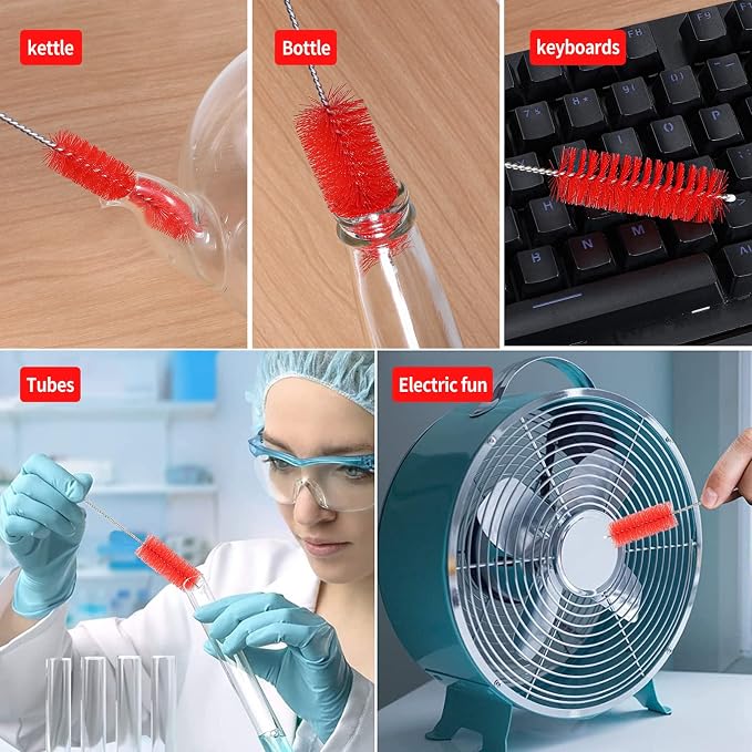 CiaraQ Bottle Cleaning Brushes, 8 Inch Nylon Tube Brush Set | Red Cleaner for Narrow Neck Bottles Cups with Hook, Set of 10pcs.