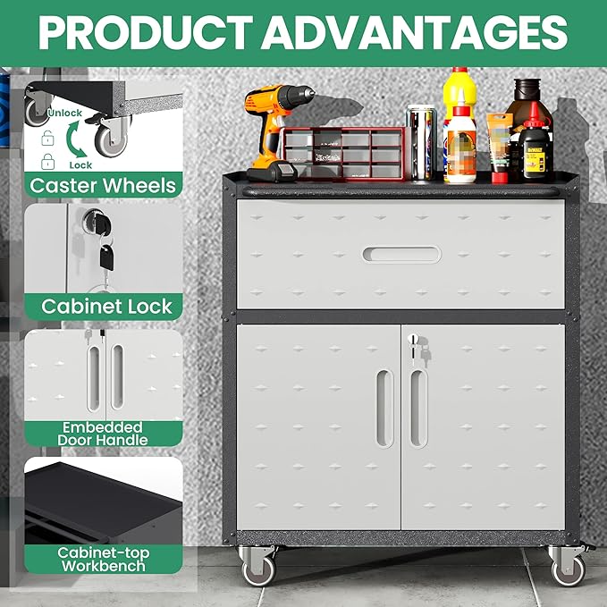 Garage Tool Cabinet Set,Heavy Duty Steel Rolling Tool Chest with Lockable Doors & Adjustable Shelves