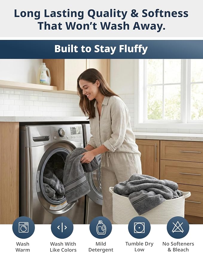 LANE LINEN Bath Towel Set 100% Cotton 6 Piece Soft Absorbent - Grey | Bath Towels Set Of 6 - Densely Woven, Coordinated Colors, Dobby Border Accent, OEKO-TEX Certified, Zero-Twist Durability