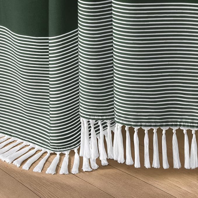 Dark Green Boho Cotton Striped Shower Curtain with Tassel 72"W X 72"L | Boho Farmhouse Shower Curtains for Bathroom with Soft Cotton Feel