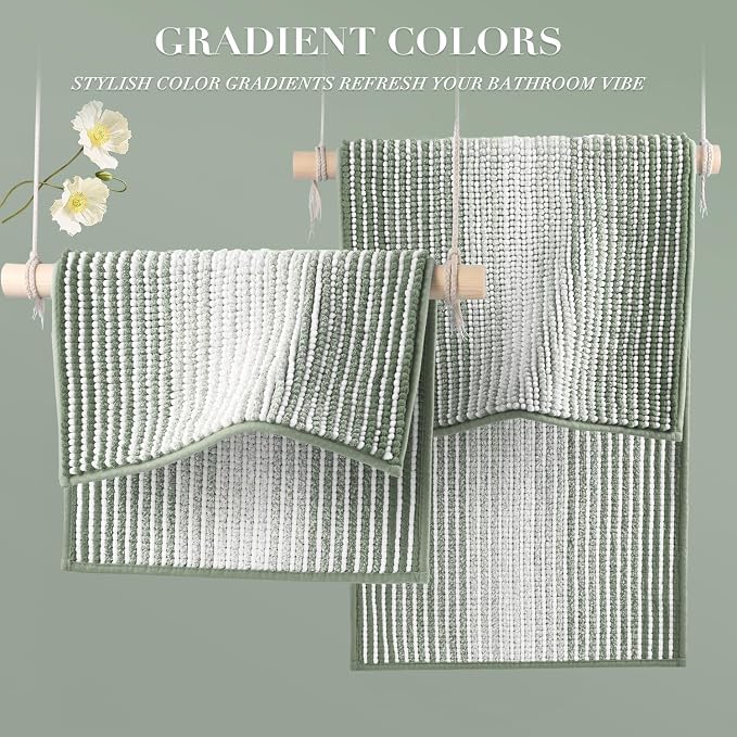 Bathroom Rugs and Mats Sets, 2 Piece Thick Absorbent Chenille Bath Mat Rug Set Non Slip, Soft Bath Room Floor Mats for Bathroom, Machine Washable (20" x 60" Plus 20" x 32",Greyish Green)