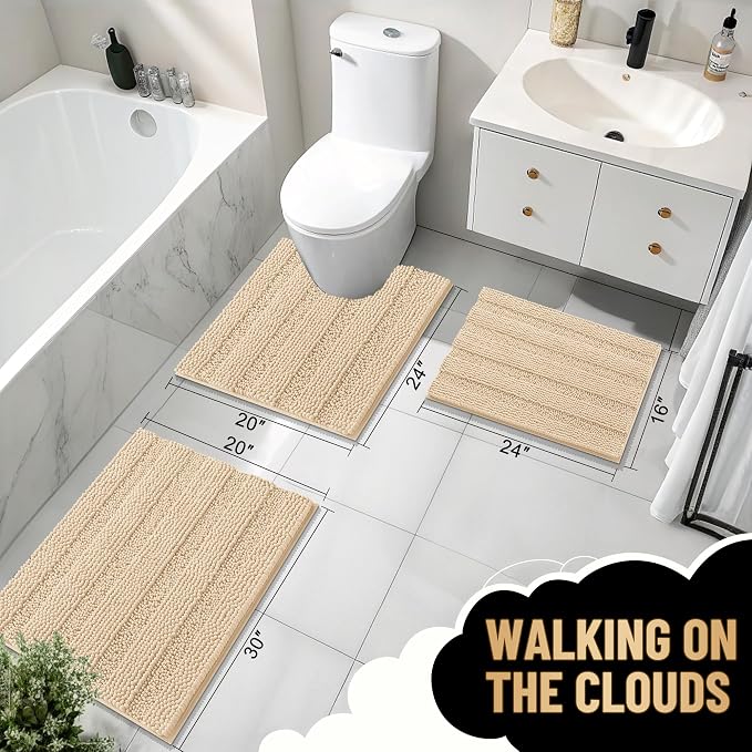 OLANLY Thick Large Bathroom Rugs 44x32, Soft Chenille Bath Rugs, Beige | Absorbent Striped, Rubber Backing, Machine Wash Dry, Bath Mats for Bathroom Floor, Tub and Shower, Home Decor Accessories