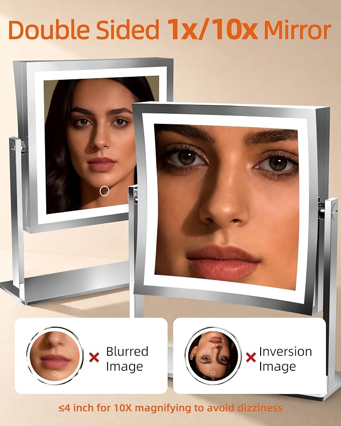 Ruacq Vanity Mirror with Lights, Dual Sided 1X/10X, Chrome | 8",4000mAh Rechargeable, Magnifying Mirror with 3 Color Lights,Touch Control Dimmable, 360° Rotation, Square, Gift for Women
