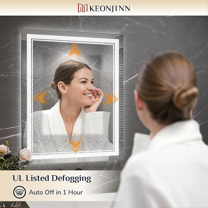 Keonjinn 32 x 36 Inch LED Bathroom Mirror with Lights, Frontlit & Backlit | Bluetooth Speaker, Bluetooth Mirror Bathroom, Stepless Dimmable 3-Color Lights, Tempered Glass, Fast & Safe Defogging, CRI90+