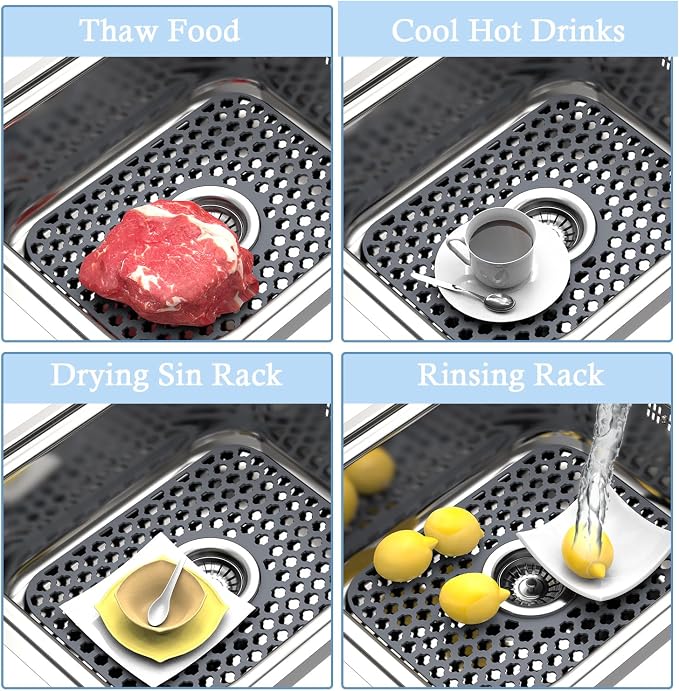 Silicone Sink Protector Kitchen Sink Mat 2 Pack 13.58"x 11.6" Gray | Heat-resistant Non-Slip and Durable Silicone Protectors Mat, Center Drain