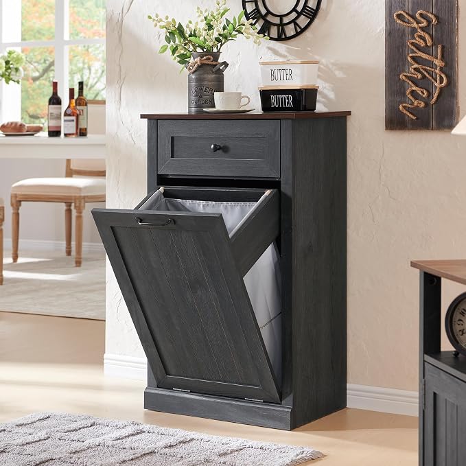IFBUY Tilt Out Laundry Hamper Cabinet, Trash Can Cabinet, Dark Grey | 10 Gallon Farmhouse Trash Cabinet w/Drawer, Hidden Wood Garbage Can Cabinet w/Laundry Storage Basket for Bathroom, Kitchen