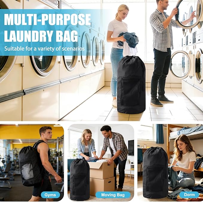 Laundry Bag Backpack,Olosar Extra Large Travel Laundry Bag with Mesh Pocket & Adjustable Shoulder Straps,Dirty Clothes Travel Bag for College Students Dorm,Apartment(Black)