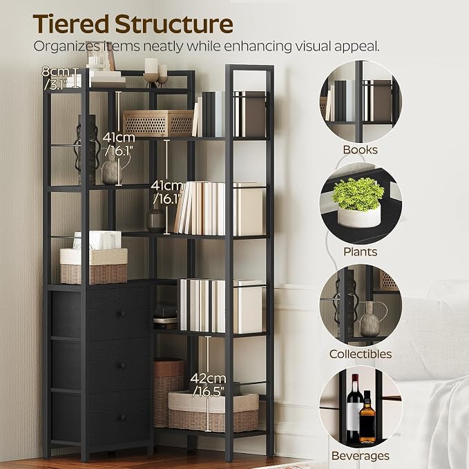 Corner Bookshelf, 7 Tier L-Shaped Bookcase with 3 Drawers, Storage Corner Shelf, Freestanding Tall Display Shelf, Industrial Style, for Living Room, Home Office, Black SJ10BB