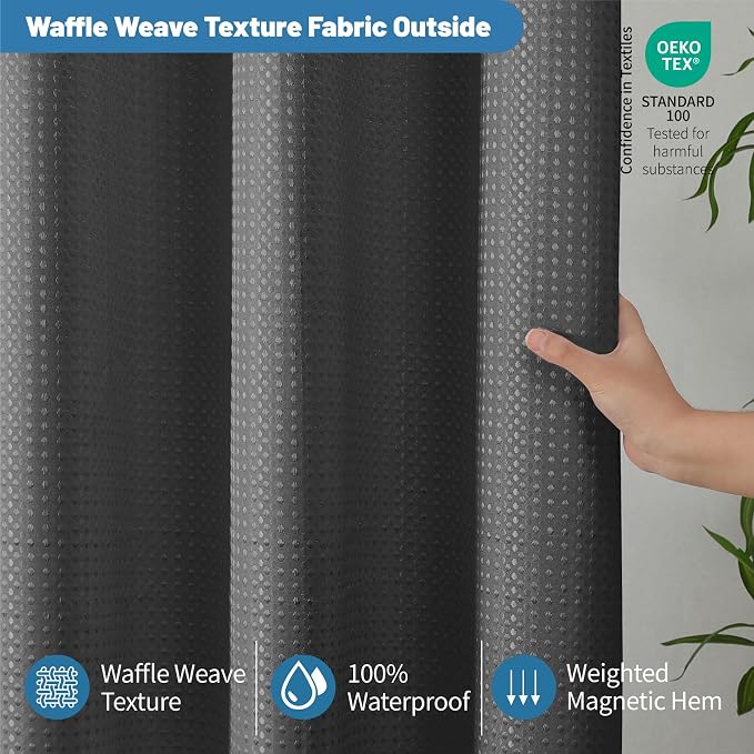 2-in-1 Waterproof Fabric Shower Curtain - No Separate Liner Needed, Hotel-Style Waffle Weave, Effortless Cleaning & Washable Bathroom Shower Curtain Set,72Wx78H,Chocolate Grey