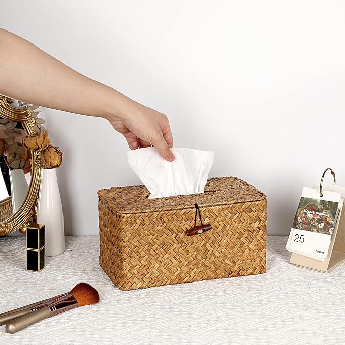 Sumnacon Large Tissue Box Cover Rectangle Seagrass Tissue Holder,Caramel | Decorative Tissue Box Cover Rectangular with Lid for Bathroom Woven Tissue Box Holder for Home Office Table Fits Up to 230T
