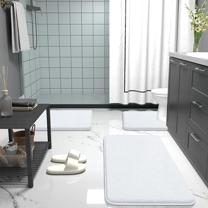 OLANLY Memory Foam Small Bathroom Rugs 24x16, Absorbent Bath Mat, White | Soft Quick Dry Bath Rugs, Non-Slip Carpet, Machine Washable Mat for Bathroom Floor, Tub and Shower, Home Decor Accessories
