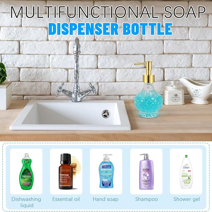 Glass Hand Soap Dispenser Bathroom with Rust-Proof Pump | Small Crystal Soap Dispenser for Kitchen Dish Soap, Hand Soap, Essential Oil & Lotion (New-Clear,Gold-Head)