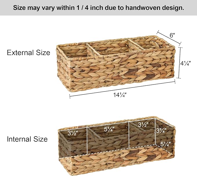StorageWorks Toilet Paper Basket, 3-Section Water Hyacinth Storage Baskets | Wicker Basket, Toilet Paper Storage for Back of Toilet Tank, Woven Baskets for Shelves, Wicker Baskets with 3 Compartments