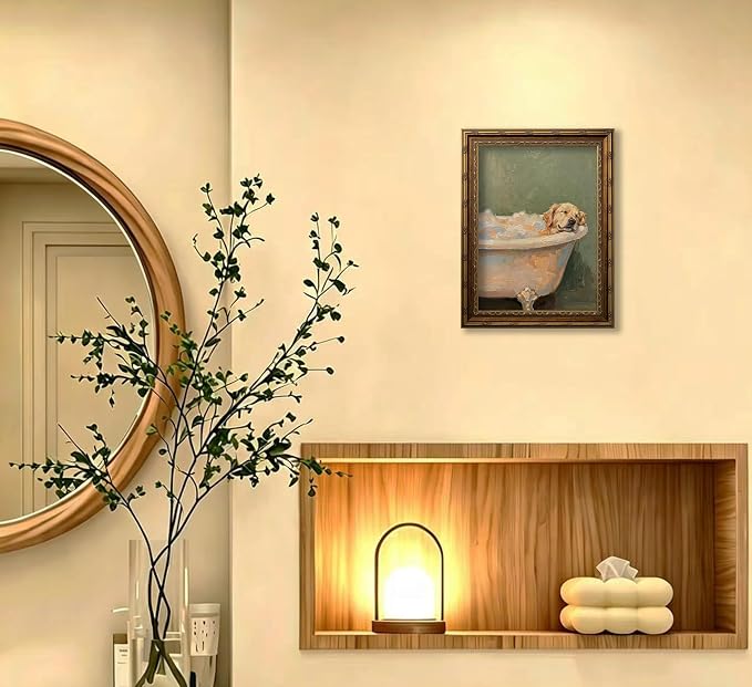 Vintage Gold Framed Funny Dog Bathroom Wall Art, Whimsical Golden Retriever in Bathtub Canvas Print, Cute Animal Bathroom Poster Artwork, Rustic Farmhouse Dog Wall Decor for Restroom Bathroom,9x11in