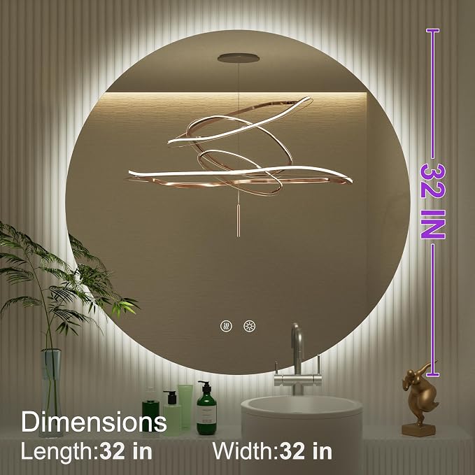 32 Inch Backlit Round LED Mirror for Bathroom with Anti-Fog | 3 Color Temp(3000K/4500K/6000K), Adjustable Brightness, Frameless 5mm HD Glass, ETL Cert, Idea for Vanity