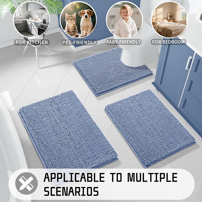 Yimobra Large Bathroom Rugs 36"x24", Non Slip Bath Mat for Tub, Shaggy Rug Floor Carpet, Extra Soft Super Absorbent Quick Dry, Machine Washable,Denim Blue