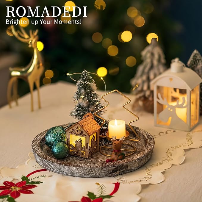 Wooden Decorative Tray Candle Holder: Romadedi Round Wood Tray Home Decor, Whitewash Rustic Trays for Farmhouse Dinning Table Kitchen Countertop Coffee Table Wedding Centerpiece, 11inch, Size L | Wood Decorative Pillar Candle Tray, For Coffee Table, Ki...