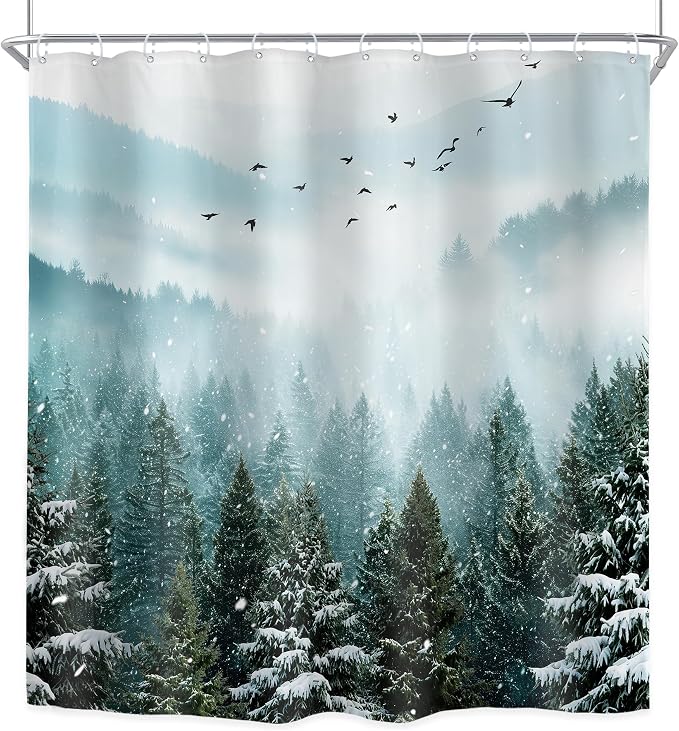 Green Mountain Winter Snowy Rustic Sage Bathroom Shower Curtain Set | 72"W x 72"L shower curtain, Scenery Misty: HD waterproof print, quick-dry cloth, free hooks for easy installation.