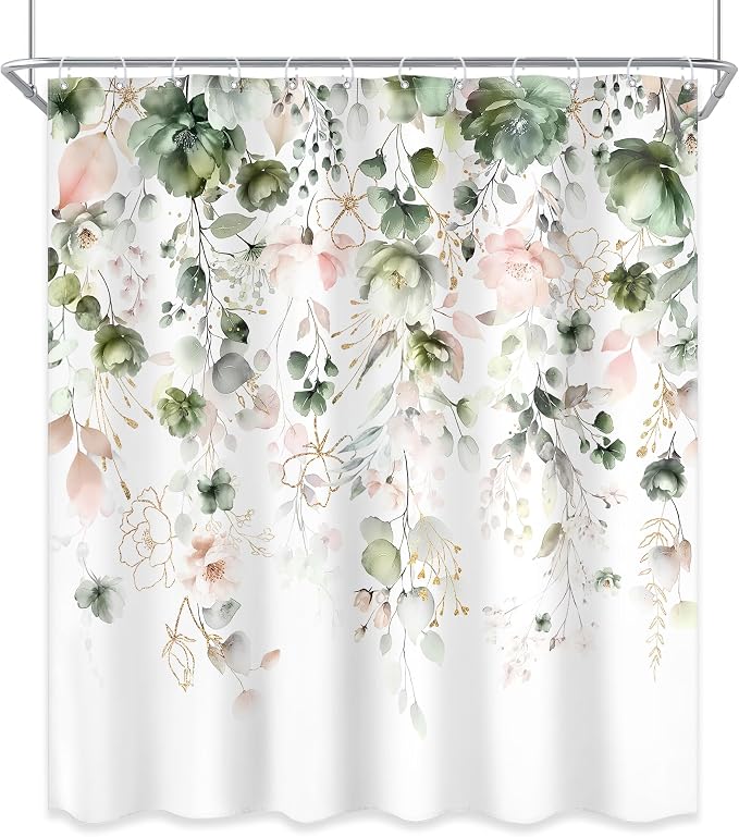 Summer Green Pink Floral Spring Eucalyptus Bathroom Shower Curtain Set | 60"W x 72"L Flower Leaves look, waterproof HD printed shower curtain, quick-dry fabric and free hooks.