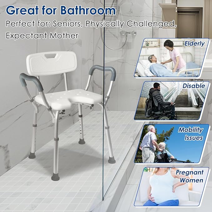 TooCust FSA Eligible Extra Wide M-Shaped & Padded Armrests Shower Chair, 500lbs Capacity,Aluminum, Bath & Shower Safety Seating