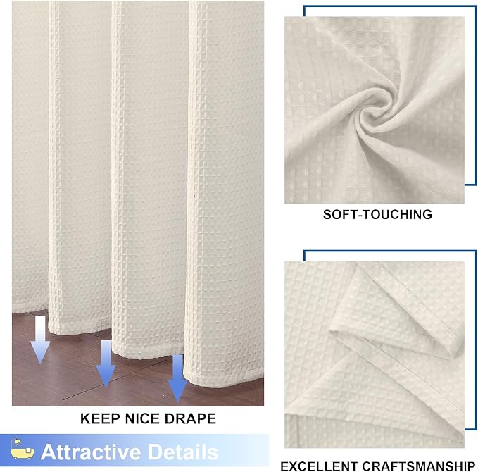 Extra Long Shower Curtain Set - 84 Inch Long Waffle Weave Heavy Duty Cloth Shower Curtain for Bathroom, Luxury Weighted 230GSM Bath Curtain Set with 12 Plastic Hooks, 72x84, Cream