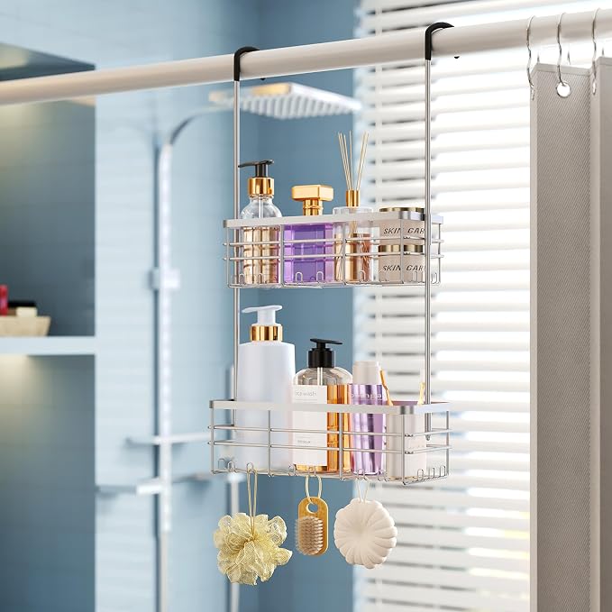 HapiRm Hanging Shower Caddy Organizer - No Drilling Shower Organizer with Hooks, Rustproof & Waterproof 304 Stainless Steel Bathroom Shelves - Silver