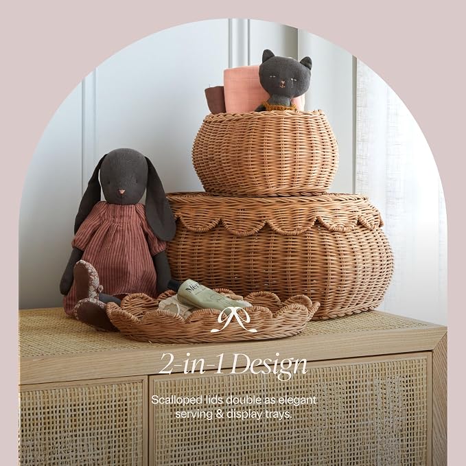 BEBE BASK The Original Scalloped Basket with Lid - Set of 2 (15x11x6 In) | Handwoven & Award Winner, Sustainable Rattan, Wicker Basket With Scalloped Edge Lid, Nursery Storage, Scallop Basket, Mocca