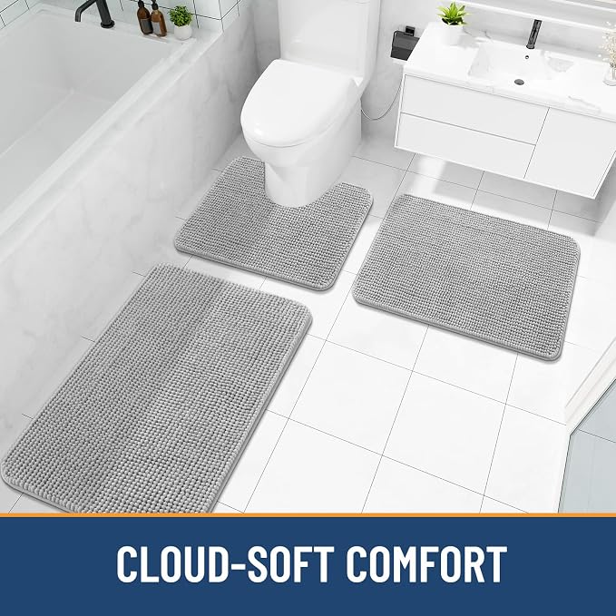 Arotive Chenille Bathroom Rugs 70x24, Soft Absorbent Bath Mat, Light Grey | Rubber Backing, Machine Washable Dry Bath Mats for Bathroom Floor, Tub and Shower, Home Decor Accessories